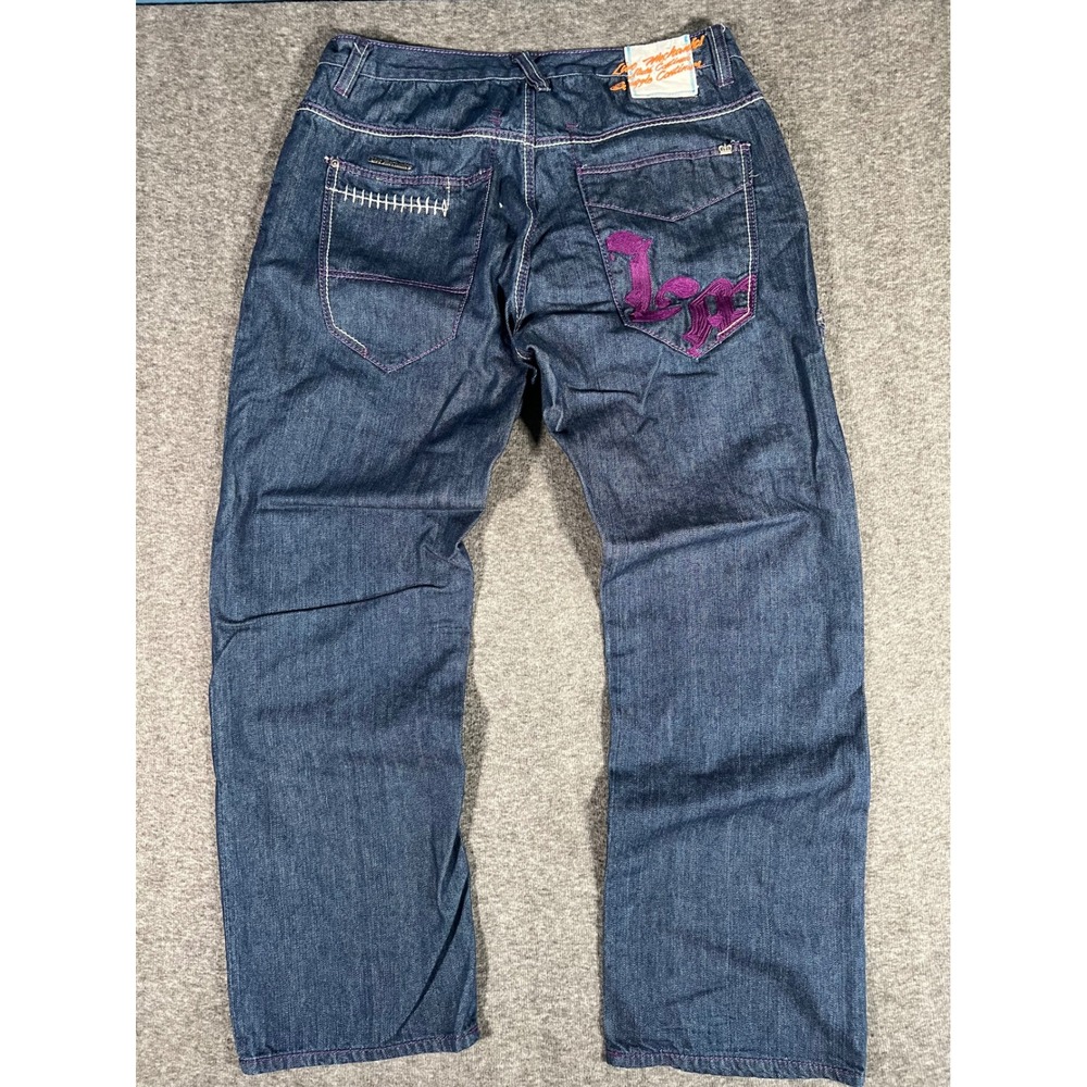 Live Mechanics Mens Baggy Y2K Carpenter Jeans Dark Wash Purple Stitching 38x33